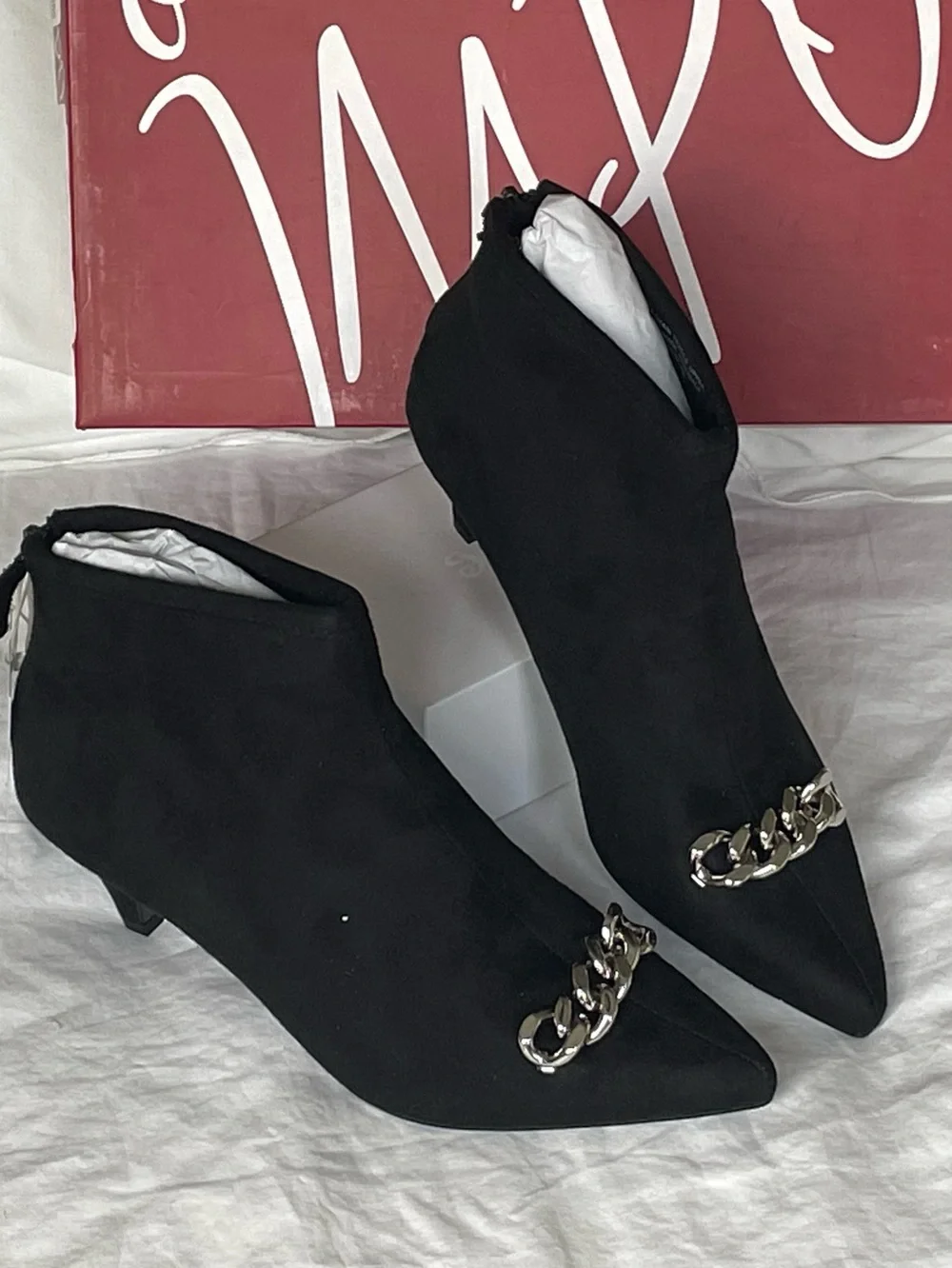 Impo Elicia Black Faux Suede Silver Chain Ankle Boot Sz 7 BNWB